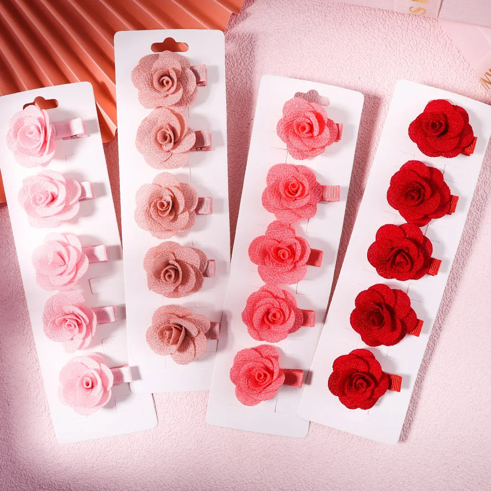 5Pcs/Set Solid Color Sweet Camellia Hair Clips for Kids Girls Flower Hairpins Covered Safety Clips Headwear Hair Accessories