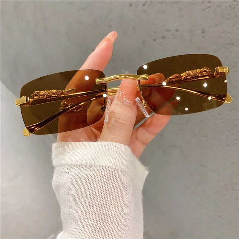 Vintage Sunglasses Rimless Cut Edge Women'S Sunglasses Fashion Designer Shades Luxury Golden Leopard Frame Sunglasses UV400