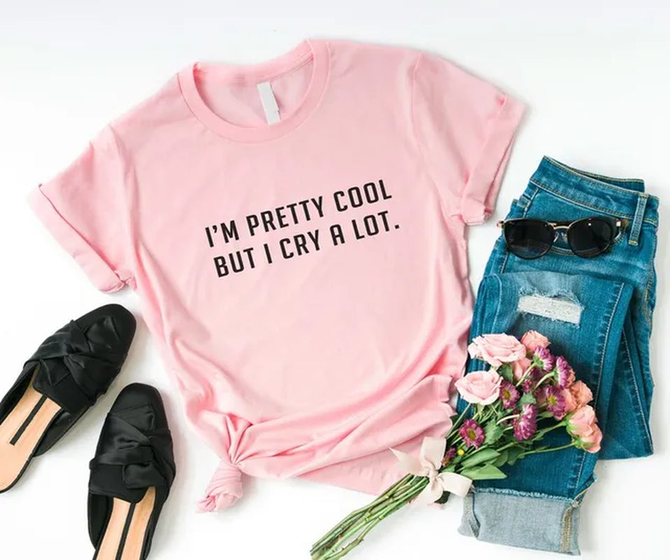 New Arrival I'M Pretty Cool but I Cry Alot T-Shirt Grunge Shirt Pastel Goth K Pop Tumblr T Shirts Drop Shipping